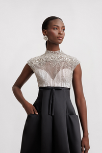 HerTrove-Beaded bodice mikado dress with pockets