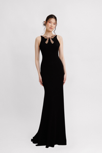 HerTrove-Beaded neckline sleeveless crepe dress