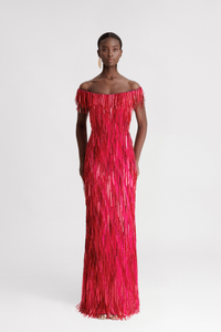 HerTrove-Off-shoulder Beaded Fringes Dress