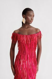HerTrove-Off-shoulder Beaded Fringes Dress