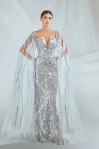 HerTrove-Silver Sequin Cape Gown