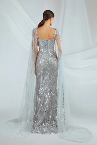 HerTrove-Silver Sequin Cape Gown