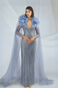 HerTrove-Silver Cape Column Gown