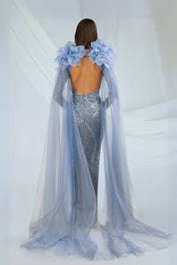 HerTrove-Silver Cape Column Gown