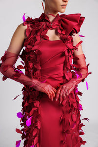 HerTrove-Satin dress with feathered cape
