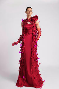 HerTrove-Satin dress with feathered cape