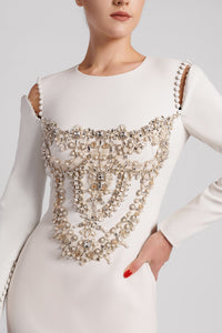 HerTrove-Long sleeves crepe dress with embroidery