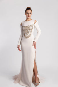 HerTrove-Long sleeves crepe dress with embroidery