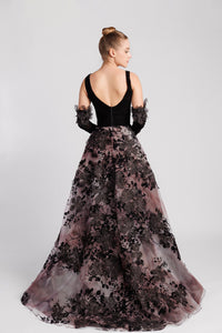 HerTrove-Sleeveless gown with floral embroidery and velvet accents