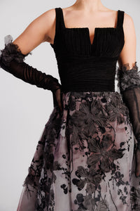 HerTrove-Sleeveless gown with floral embroidery and velvet accents