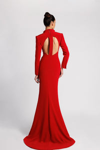 HerTrove-High slit crepe dress with satin details and embroidery