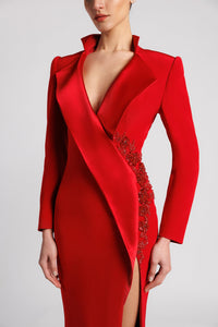 HerTrove-High slit crepe dress with satin details and embroidery