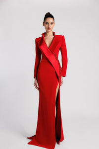 HerTrove-High slit crepe dress with satin details and embroidery