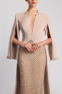 HerTrove-Plunging neckline cape sleeves gown