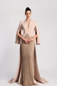 HerTrove-Plunging neckline cape sleeves gown