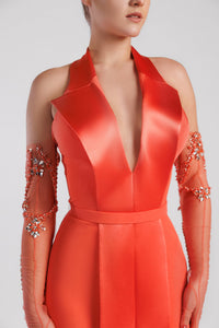 HerTrove-Mermaid satin dress with embroidered gloves