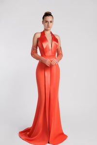 HerTrove-Mermaid satin dress with embroidered gloves