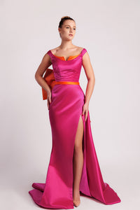 HerTrove-High slit cadi dress with bow detail