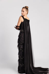 HerTrove-Corseted bodice feathered gown