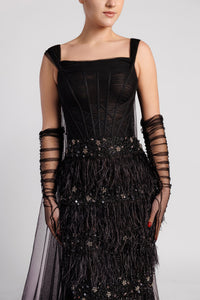 HerTrove-Corseted bodice feathered gown