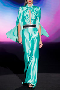 adalyn brocade high slit dress A-Line Satin Shawl-Sleeve Party Dress Aqua / FR 38