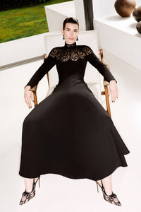 HerTrove-Long sleeves crepe and lace dress