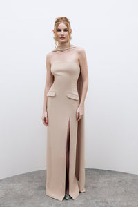 HerTrove-Side Slit Strapless Crepe Dress