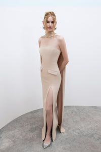 HerTrove-Side Slit Strapless Crepe Dress