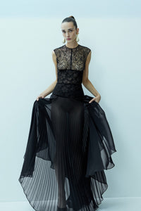 HerTrove-Floral Lace Gown With Pleats