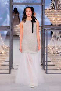 HerTrove-Beaded Dress with Tulle Skirt and Black Neck Bow