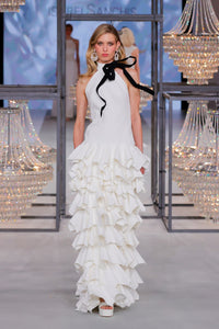 HerTrove-Elegant Dress with Cascading Ruffles and Neck Tie