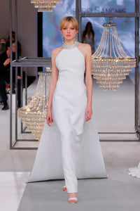 HerTrove-Halter-Neck Gown Featuring a Flowing Train and Sparkling Neckline