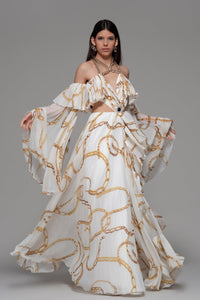 Chained neckline printed fabric off shoulder gown - HerTrove