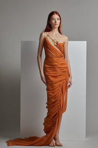 Her Trove-Asymmetrical neckline chiffon dress