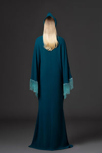 HerTrove-Jean Louis Sabaji--Crepe kaftan with layered fringes