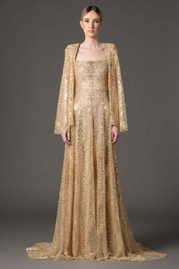 Embroidered gold cape sleeves dress HERTROVE Embroidered gold cape sleeves dress HERTROVE
