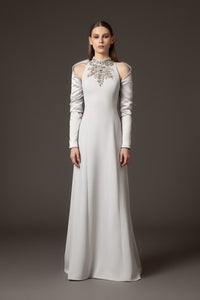 HerTrove-Halter neck crêpe dress with structured sleeves and crytal embroidery.