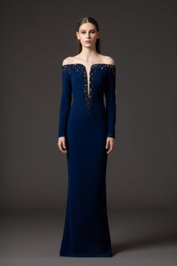 HerTrove-Structured blue crêpe dress with embroidery.