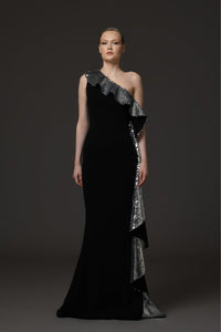 Her Trove-Asymmetric Crepe Dress With Sequined Ruffles