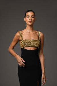 Her Trove-Crepe Dress With Gold Embroidery