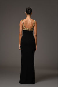 Her Trove-Crepe Dress With Gold Embroidery