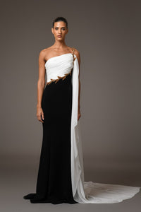 Her Trove-Asymmetrical Neckline Crepe Dress