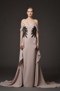 Her Trove-Nude Crepe Dress With Embroidery