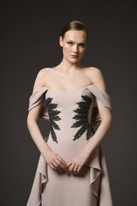 Her Trove-Nude Crepe Dress With Embroidery