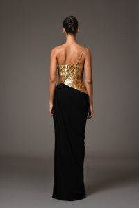 Her Trove-Corseted Crepe Dress With Gold Embroidery
