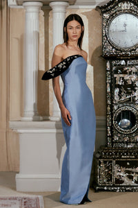HerTrove-Asymmetrical Gown with Velvet Detail, Crystal & Pearl Beading, and Side Slit