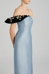 HerTrove-Asymmetrical Gown with Velvet Detail, Crystal & Pearl Beading, and Side Slit