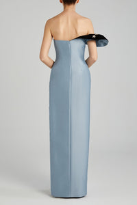 HerTrove-Asymmetrical Gown with Velvet Detail, Crystal & Pearl Beading, and Side Slit