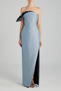 HerTrove-Asymmetrical Gown with Velvet Detail, Crystal & Pearl Beading, and Side Slit