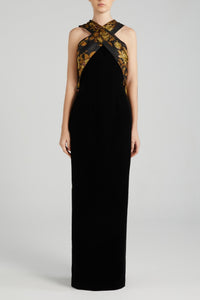 HerTrove-Halter Dress with Draped Cocoon Back and Fil-Coupé Detail